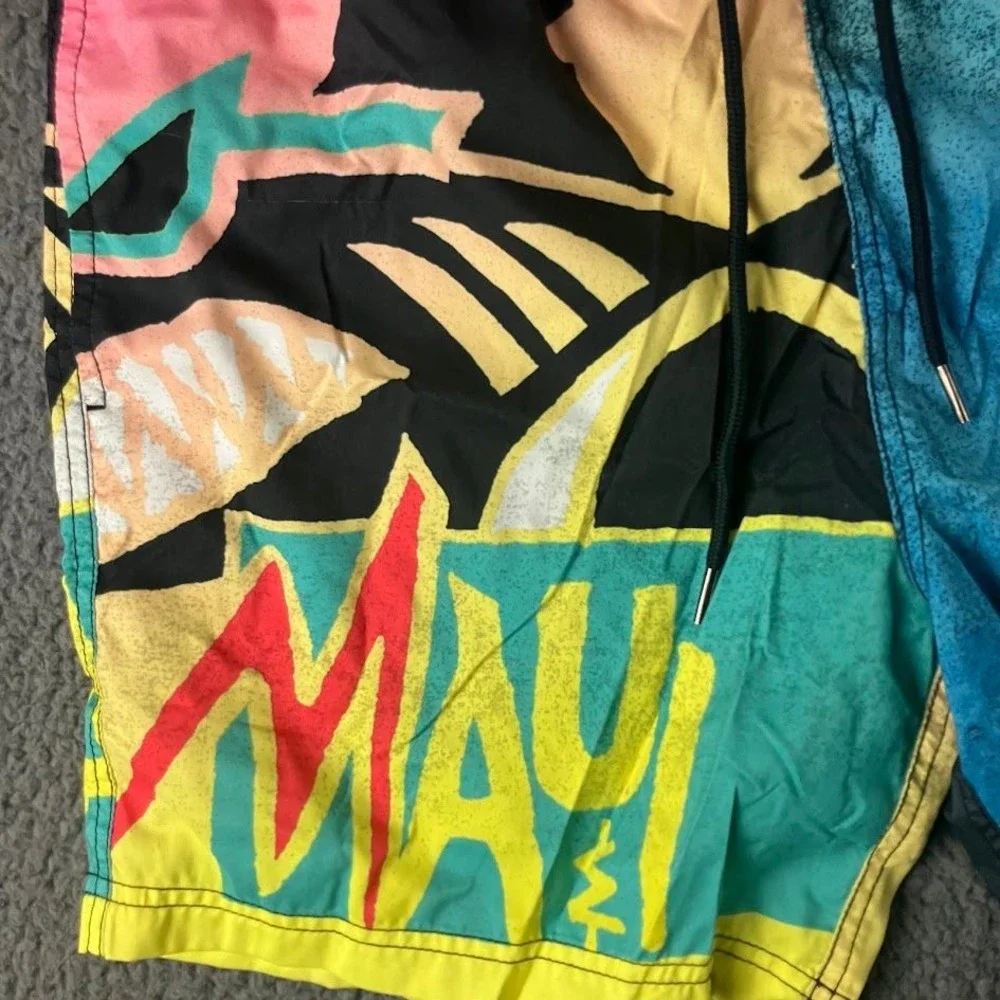 Maui and Sons x JAWS Mens XL Shark Retro Neon Swim Trunks Board Shorts
